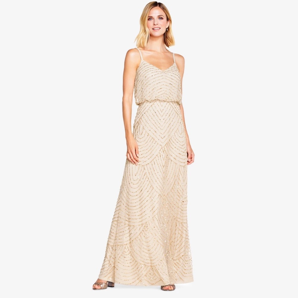 Adriana Papell Art Deco beaded gown champ/gold